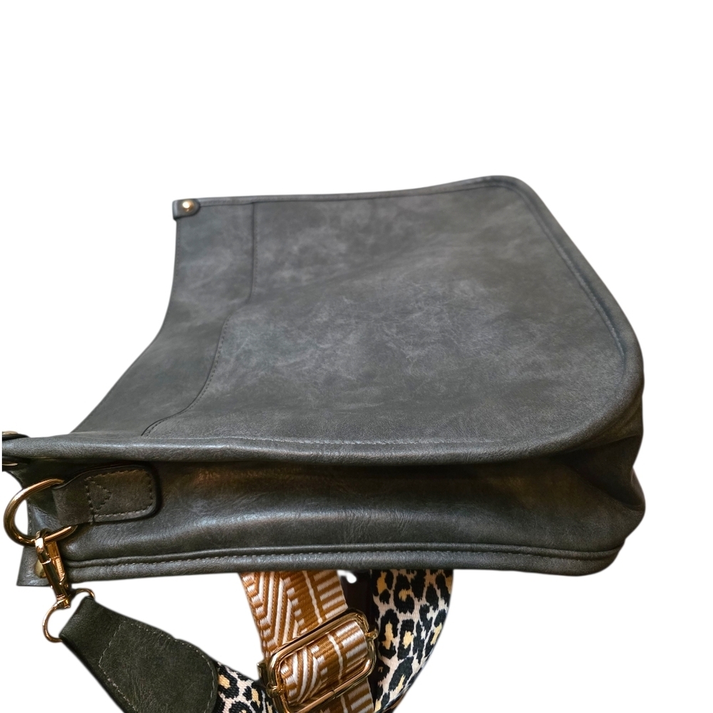 Charcoal Gray Faux Leather Crossbody Bag w/ Leopard & Tan Strap | Gold Hardware - Picture 6 of 12